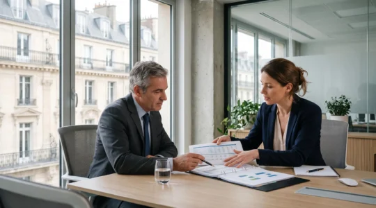 Une entrepreneuse présente son dossier de financement à une conseillère bancaire dans un bureau parisien.