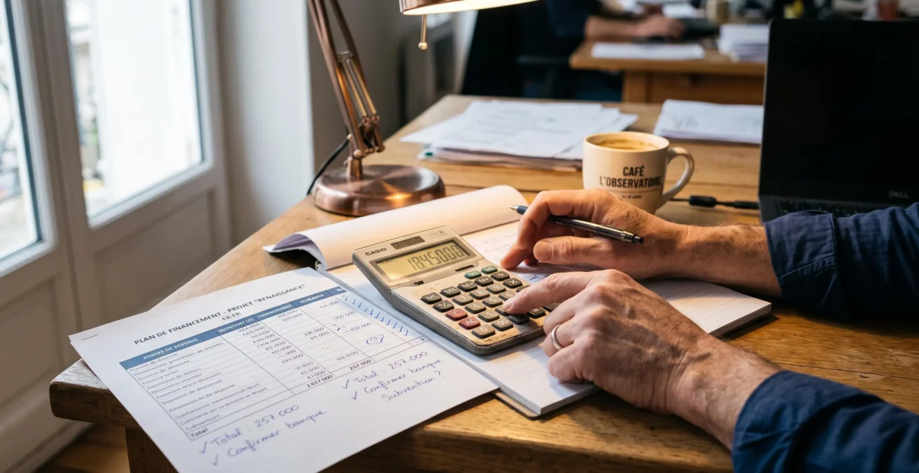 Des mains utilisent une calculatrice pour vérifier les chiffres d'un plan de financement imprimé.