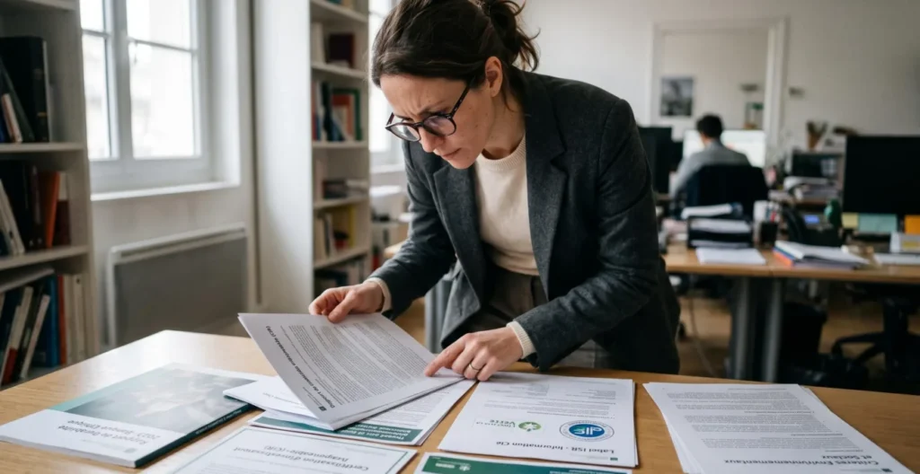 Professionnel debout examinant des documents de certification bancaire éthique et labels de finance responsable