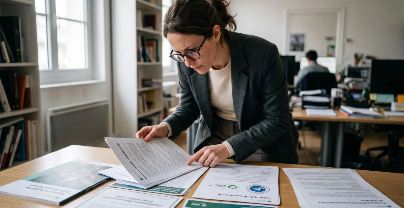Professionnel debout examinant des documents de certification bancaire éthique et labels de finance responsable