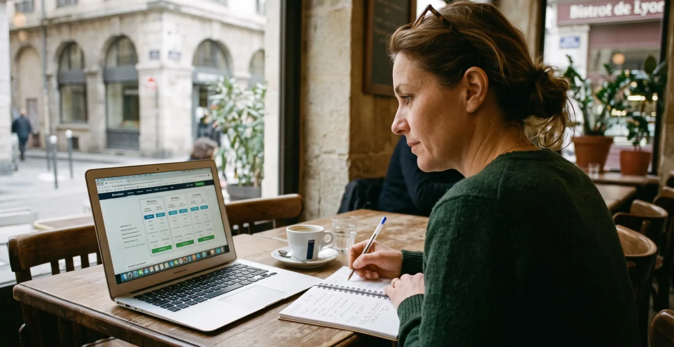 Une entrepreneuse compare des offres de banque professionnelle sur son ordinateur portable.